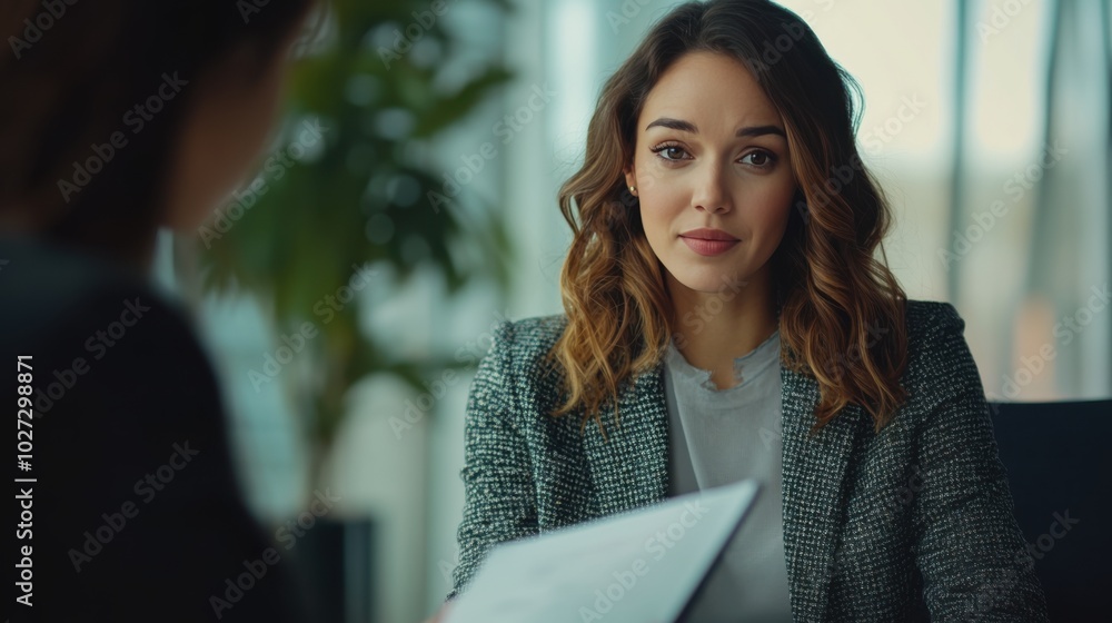businesswoman engaged in a professional meeting or interview, showing focus and attentiveness, set against a modern office backdrop with natural light and greenery businesswoman engaged in a professional meeting or interview, showing focus and attentiveness, set against a modern office backdrop with natural light and greenery