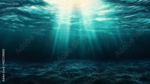 Sunlight penetrating the deep, clear ocean water, illuminating the sandy seabed with blue and green hues, capturing the serene underwater environment.