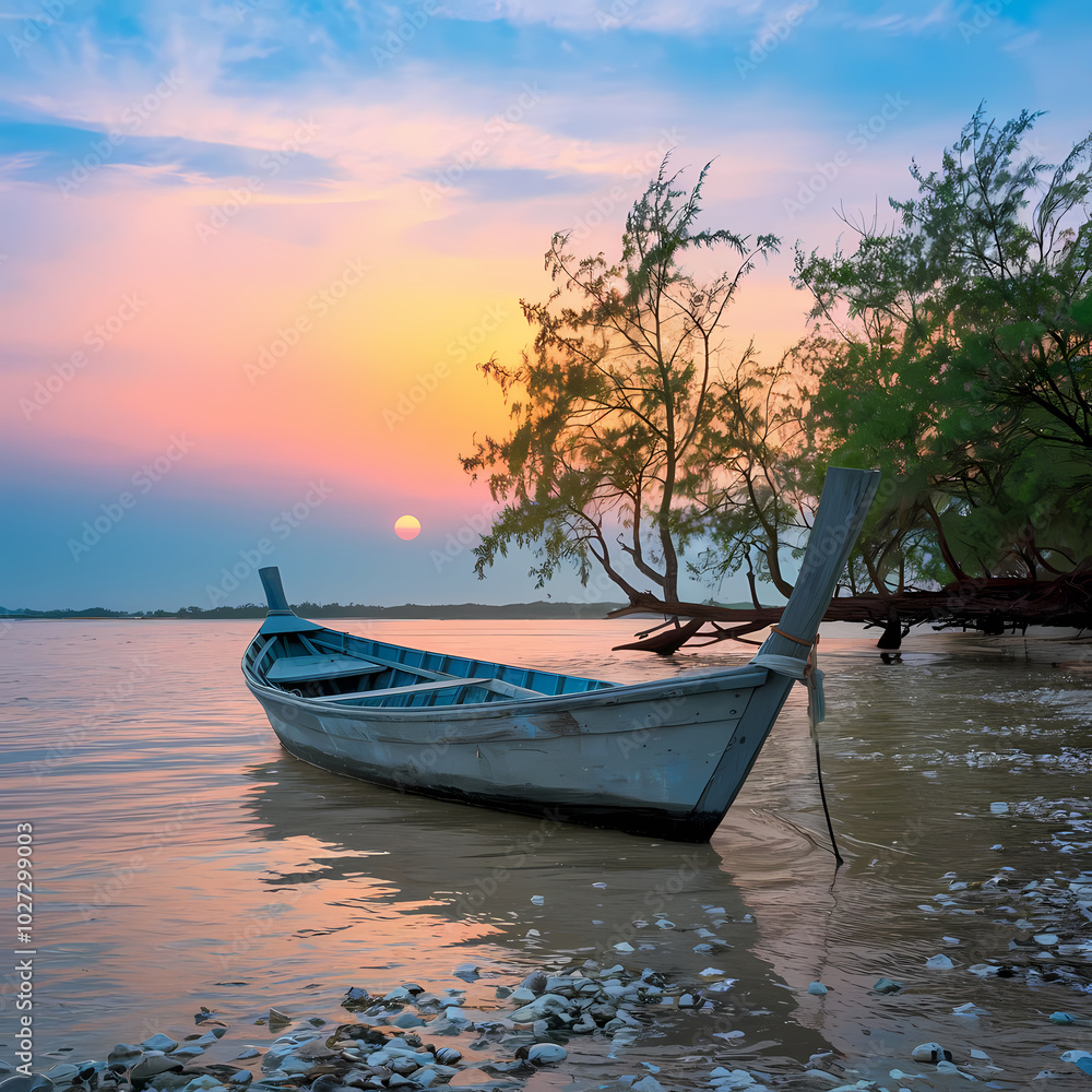 A serene boat rests on the beach as the sun sets, casting warm hues across the sky and reflecting on the water. A serene boat rests on the beach as the sun sets, casting warm hues across the sky and reflecting on the water.