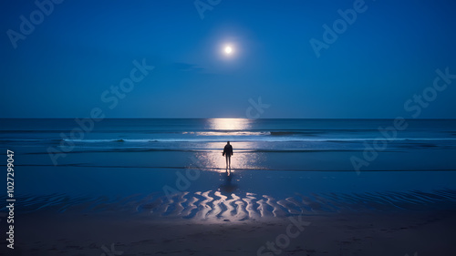 A person gazes at the moon while standing on a serene beach, with gentle waves lapping at the shore.