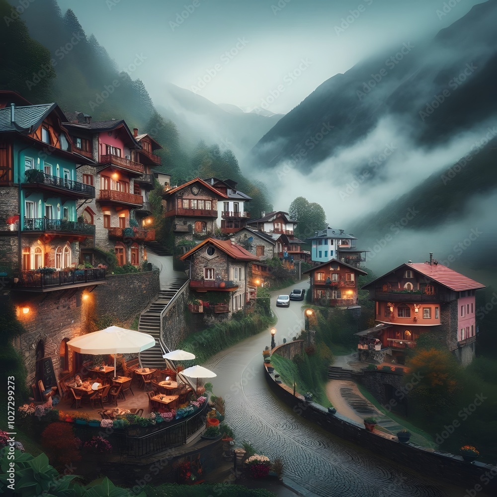 Obraz premium A beautiful foggy village