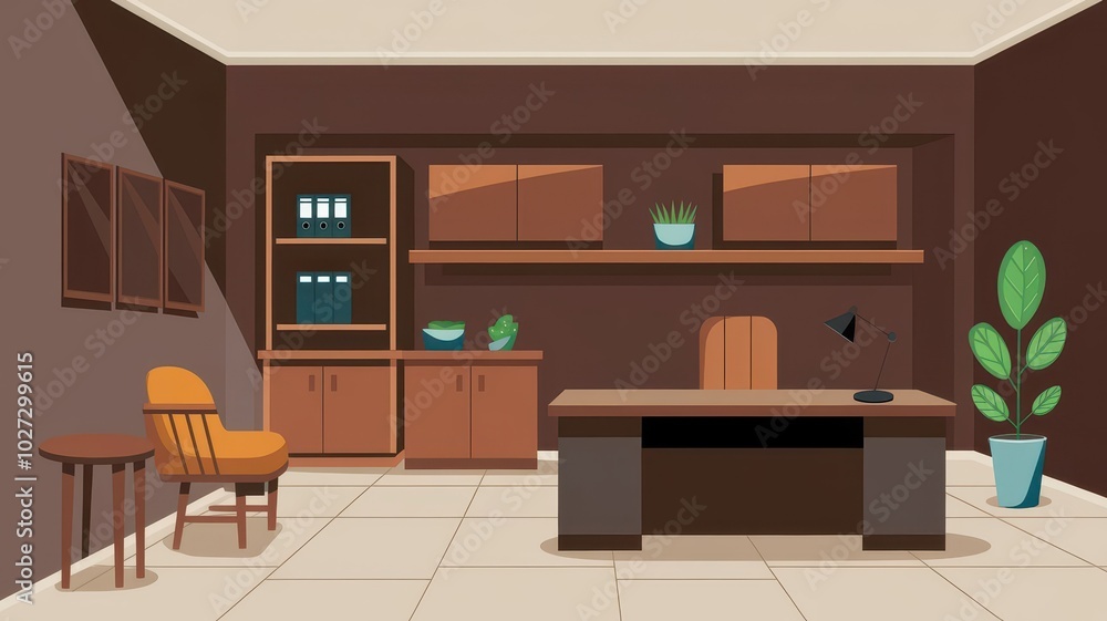 Fototapeta premium Brown furniture workplace office illustration with tables, desk, chair books binder interrior design