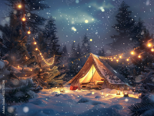 Wallpaper Mural A winter camping scene with a tent lit by lanterns, surrounded by snow and twinkling Christmas lights Torontodigital.ca
