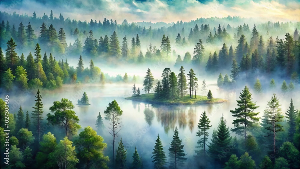 Obraz premium A serene long exposure watercolor captures the ethereal beauty of a misty forest, featuring towering pine trees, inviting nature lovers to immerse in tranquility.