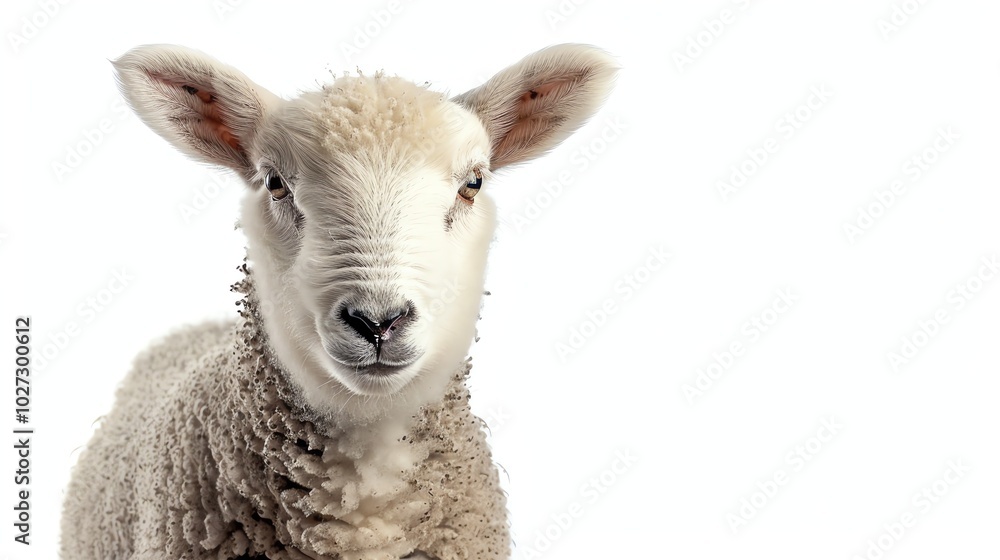 Obraz premium A white sheep with large, dark eyes looks directly at the camera.