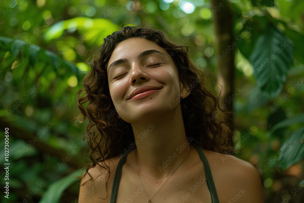 A woman surrounded by a lush, green forest, her face glowing with natural beauty, and a serene smile on her face A woman surrounded by a lush, green forest, her face glowing with natural beauty, and a serene smile on her face