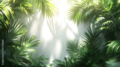 Shadows of palm leaves dance on a bright white wall, merging natural shapes with a serene, minimalist aesthetic.