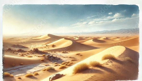 A watercolor painting of Dasht-e Kavir, showcasing golden dunes, salt flats, and rocky outcrops under warm sunlight. photo