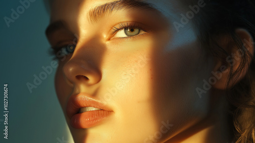 Close-up shot of a woman's face with dramatic side lighting, emphasizing shadows that define her cheekbones and jawline. The contrast between highlights and shadows adds depth