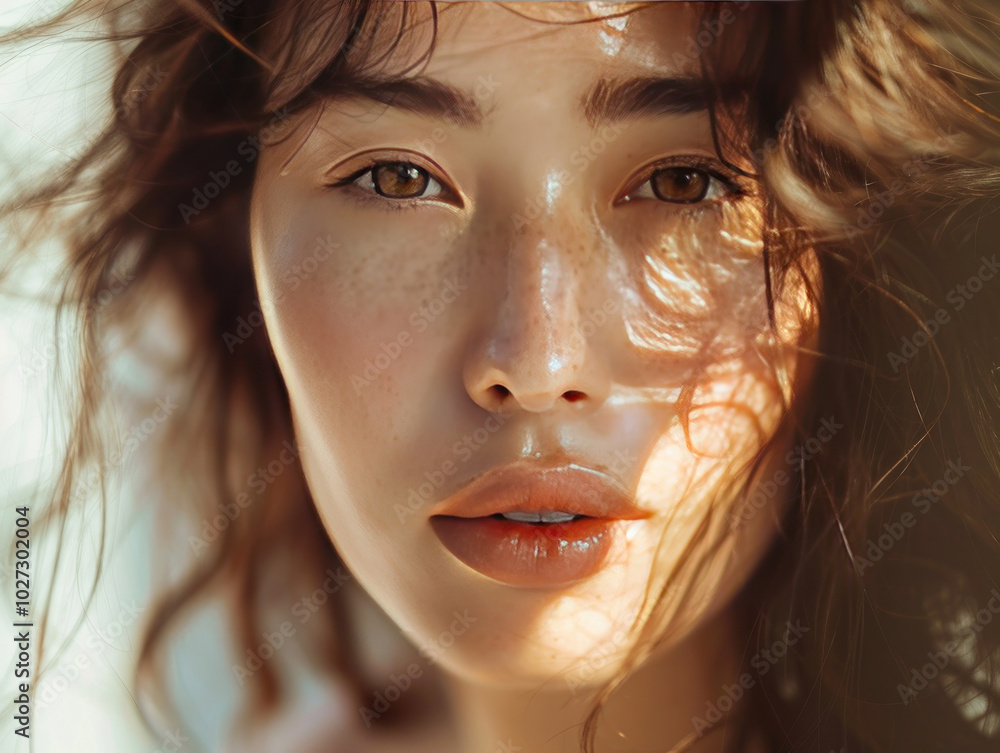 Close-up of a woman with minimal makeup, her natural beauty enhanced by soft lighting and a gentle breeze Close-up of a woman with minimal makeup, her natural beauty enhanced by soft lighting and a gentle breeze