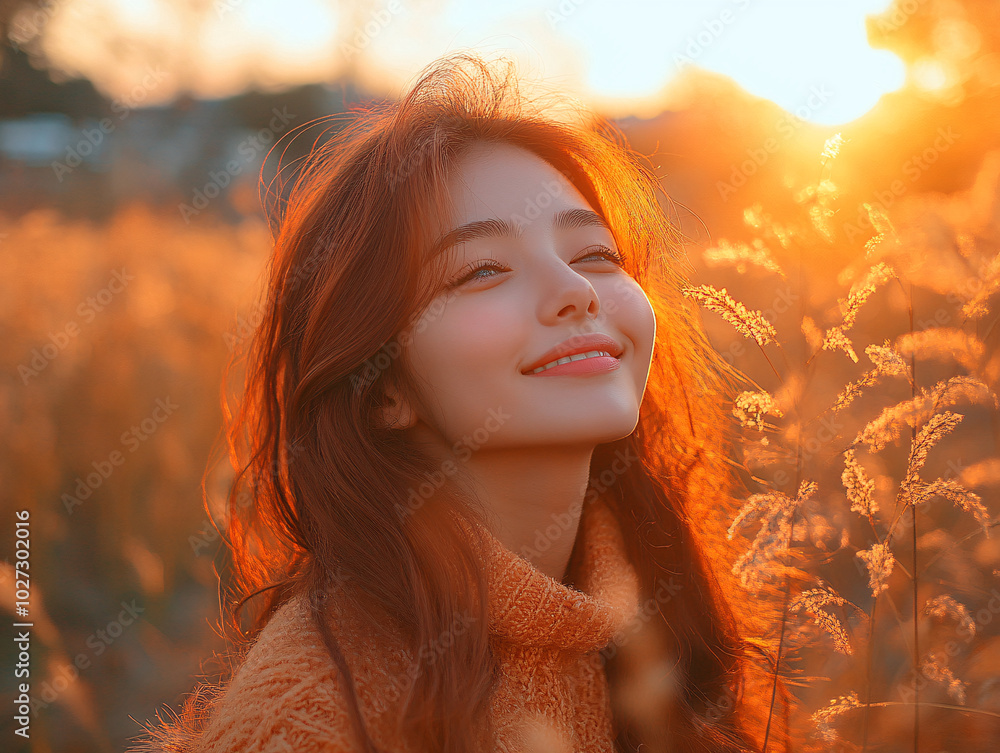 A young woman is looking up at the sunset with a warm smile on her face. A young woman is looking up at the sunset with a warm smile on her face.