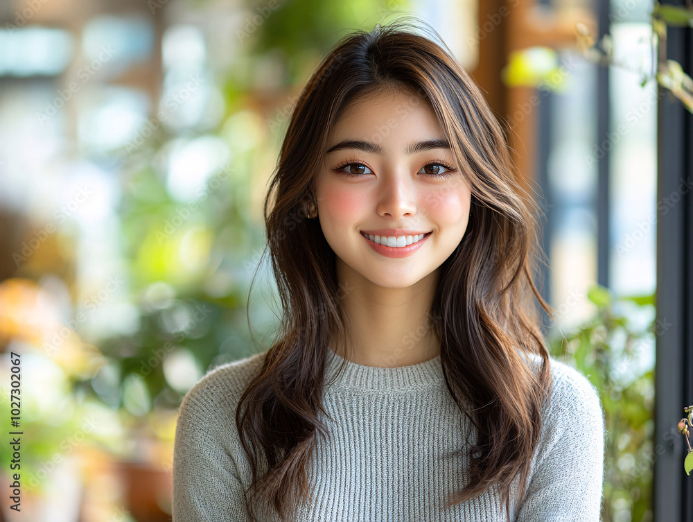 a close-up of a young woman with a bright smile. She appears to be in an cafe indoor setting with a warm ambiance. a close-up of a young woman with a bright smile. She appears to be in an cafe indoor setting with a warm ambiance.