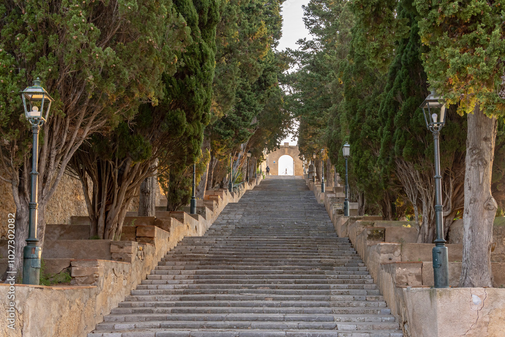 General view of the Calvary stairs leading up to the hermitage of Sant Salvador in the Majorcan town of Arta, at dawn. Spain General view of the Calvary stairs leading up to the hermitage of Sant Salvador in the Majorcan town of Arta, at dawn. Spain