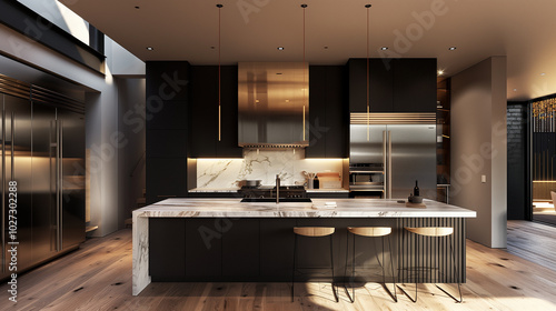 Contemporary kitchen with matte black cabinetry, a marble island with waterfall edges, and integrated stainless steel appliances, complemented by warm pendant lighting and minimalist design elements.