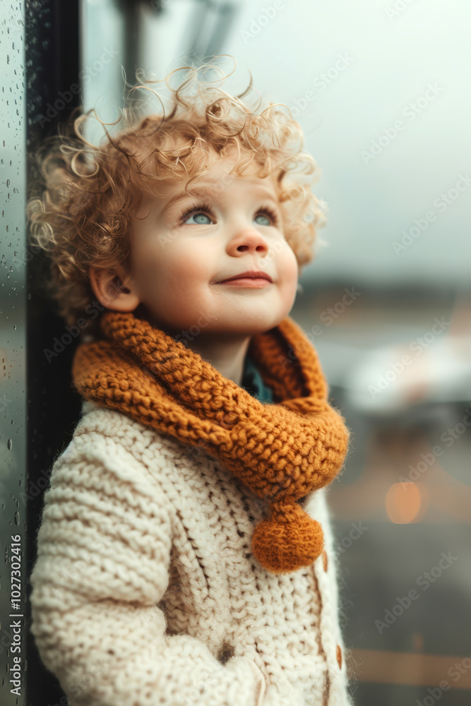Child gazes upwards dreaming of planes at airport on a cloudy day Child gazes upwards dreaming of planes at airport on a cloudy day