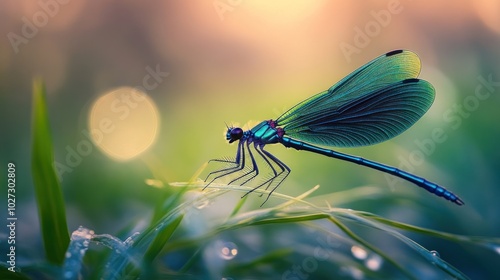 A Vibrant Blue Dragonfly Resting on Grass Blades in a Sunlit Meadow