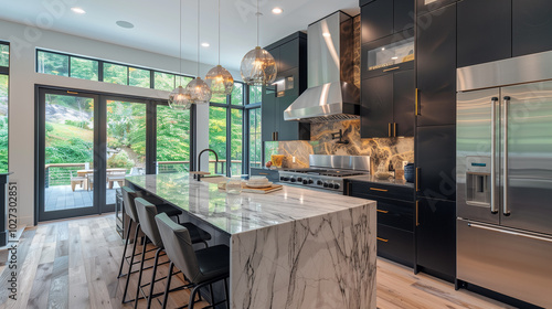 Contemporary kitchen with matte black cabinetry, a marble island with waterfall edges, and integrated stainless steel appliances, complemented by warm pendant lighting and minimalist design elements.