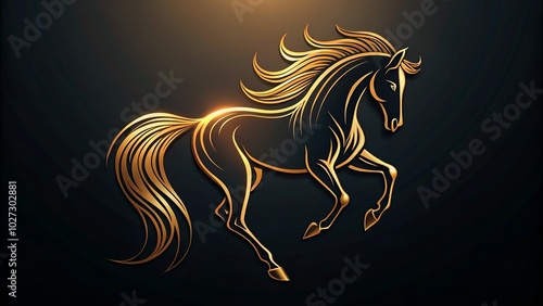 A striking gold horse line art logo, enhanced by low light photography, creates an elegant and sophisticated branding solution for luxury businesses and creative ventures. photo