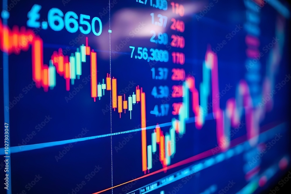 Closeup financial chart with uptrend line candlestick graph in stock market on blue color monitor background Closeup financial chart with uptrend line candlestick graph in stock market on blue color monitor background