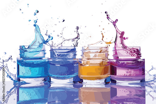 bottles of ink in cmyk colors, cyan with splash Open colorful cans of gouache paint isolated