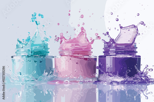 bottles of ink in cmyk colors, cyan with splash Open colorful cans of gouache paint isolated