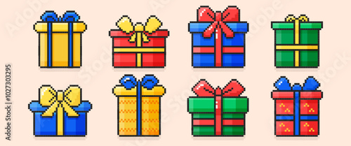 Pixel art happy birthday colorful gift boxes set with ribbon bows. Pixelated y2k trendy icons of present packages with bowknots in 8bit retro style. Holiday packaging for bday party or surprise event