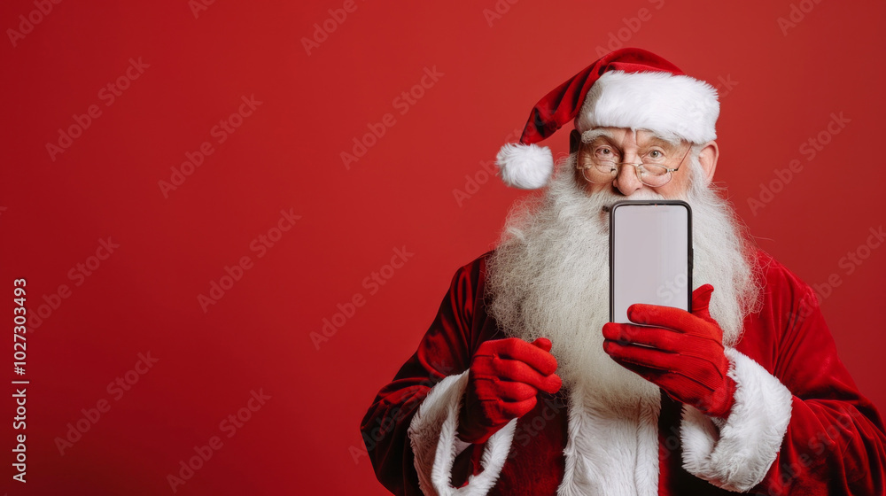 A man dressed as Santa Claus is holding a cell phone in his hand A man dressed as Santa Claus is holding a cell phone in his hand