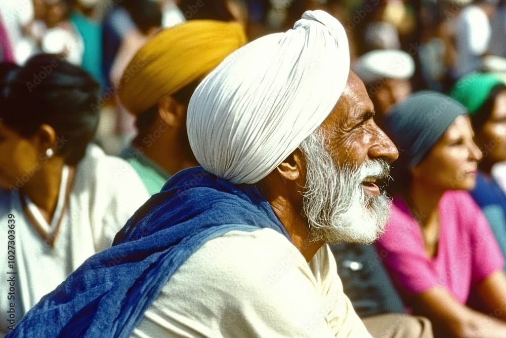 Joyful Elderly Man in a White Turban Surrounded by a Diverse Crowd at an Outdoor Event Joyful Elderly Man in a White Turban Surrounded by a Diverse Crowd at an Outdoor Event