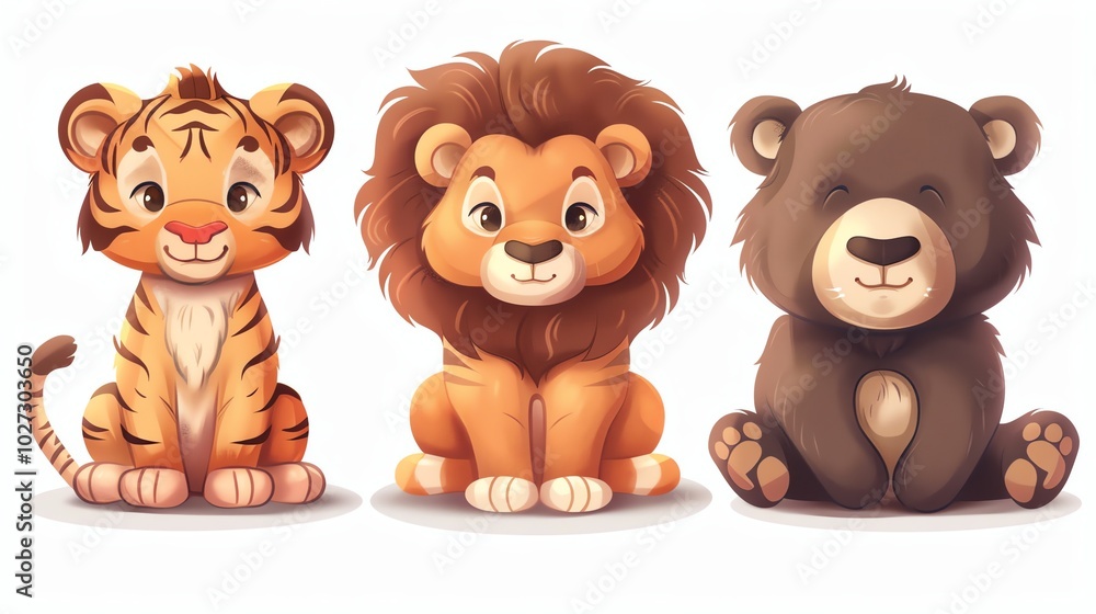 A cartoon tiger, lion, and bear sitting together. A cartoon tiger, lion, and bear sitting together.
