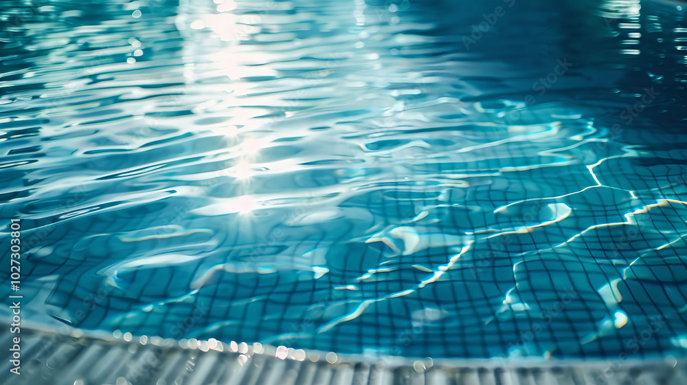 Obraz premium The water in the pool is calm and clear, reflecting the sunlight. Spa, water wellness, fitness background with copy space