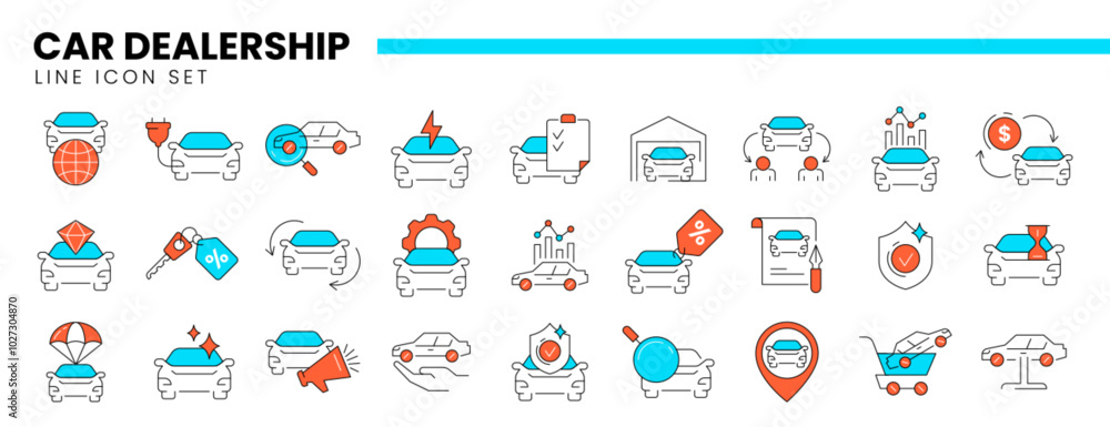 Naklejka premium Auto dealership thin line front icons set of car dealer, automotive industry, rental service or vehicle maintenance. Linear symbols of repair, transportation insurance, exchange or buy new cars