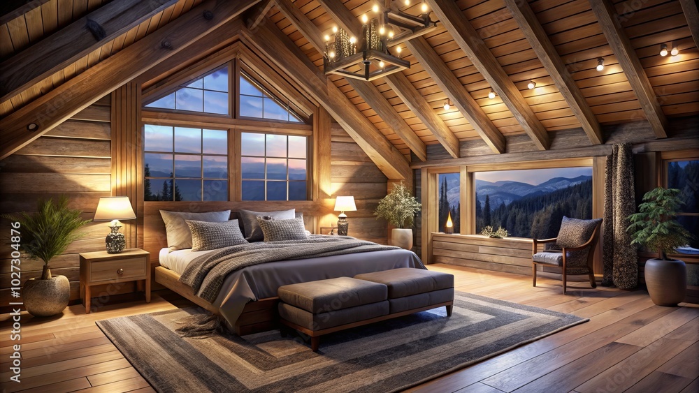 A stylish modern master bedroom featuring an attic ceiling in a log house, showcasing luxury design elements and a high depth of field for a serene atmosphere. A stylish modern master bedroom featuring an attic ceiling in a log house, showcasing luxury design elements and a high depth of field for a serene atmosphere.