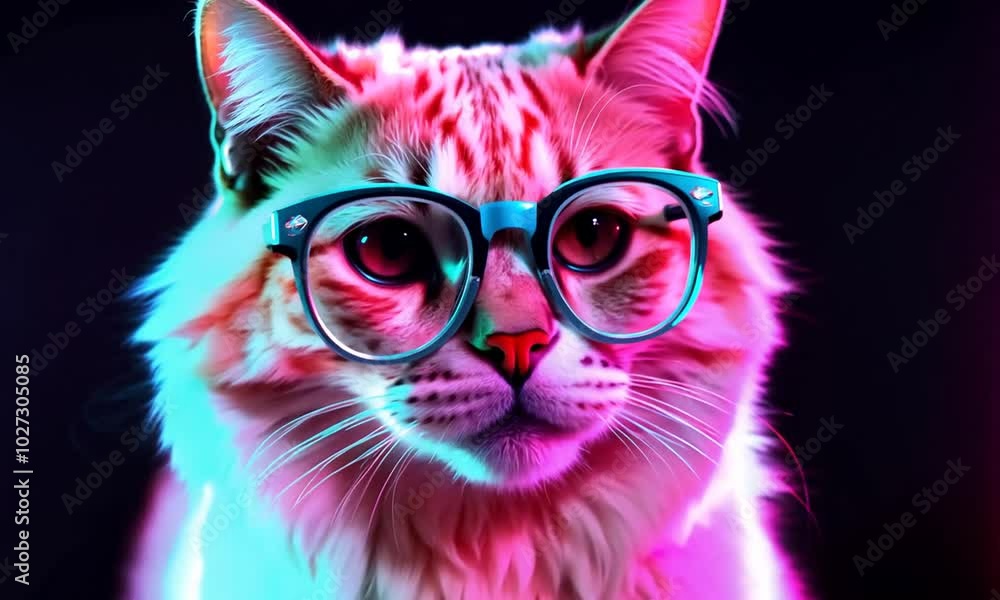 portrait of a bespectacled cat under the lights of a nightclub portrait of a bespectacled cat under the lights of a nightclub