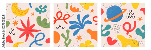 Vector set of contemporary square cards with summer nature elements. Posters with organic abstract geometric shapes, moon, lines and freeform objects. Modern hand drawn simple figures, botanical forms