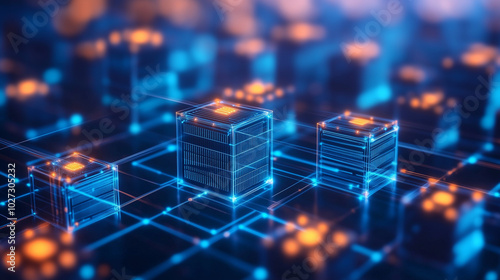 A digital rendering of a blockchain network, with vibrant blue and orange cubes representing data blocks linked together. The complex grid of nodes illustrates the flow of informat photo