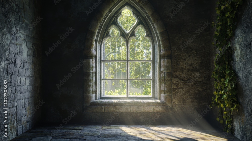 Sunlight streams through a gothic arched window in a stone room. Sunlight streams through a gothic arched window in a stone room.