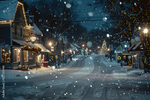 Snow falling softly on a quaint village decorated for Christmas, with twinkling lights reflecting off the fresh snow