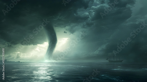 A powerful waterspout forms over a calm ocean surface under dark, stormy skies