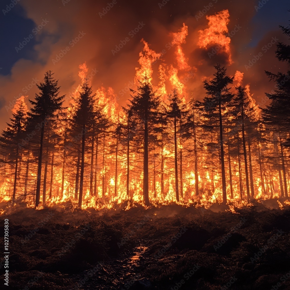 Forest Engulfed in Flames During a Wildfire Forest Engulfed in Flames During a Wildfire