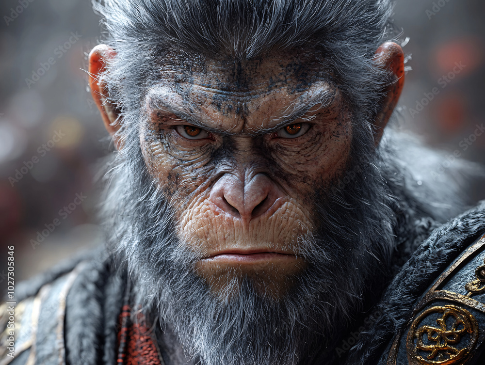 a majestic Wukong game style_monkey_ adorned with a gold armor and a red robe, commanding attention with its stern expression. a majestic Wukong game style_monkey_ adorned with a gold armor and a red robe, commanding attention with its stern expression.