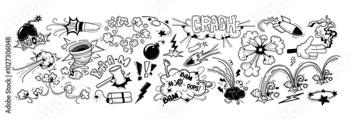 Doodle hand drawn bomb explosion with boom crash effect. Comic book clouds, sound blast with nuclear weapon, bullet, dynamite icons and exclamation mark stickers. Bursts with smoke, fume or fire flash