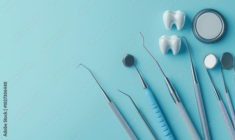 Sterilized Dental Instruments and Tooth Model Setup. Generative AI Sterilized Dental Instruments and Tooth Model Setup. Generative AI