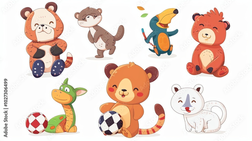 A set of cartoon animals: a bear, an otter, a toucan, a bear, a dragon, a bear, and a polar bear. A set of cartoon animals: a bear, an otter, a toucan, a bear, a dragon, a bear, and a polar bear.