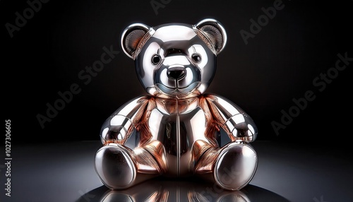 Reflective Metal Teddy Bear. Conceptual Metallic Sculpture for Futuristic Design, Advertising, or Digital Media Campaigns, Ideal for Themes of Luxury, Art, Childhood, and Modernity photo