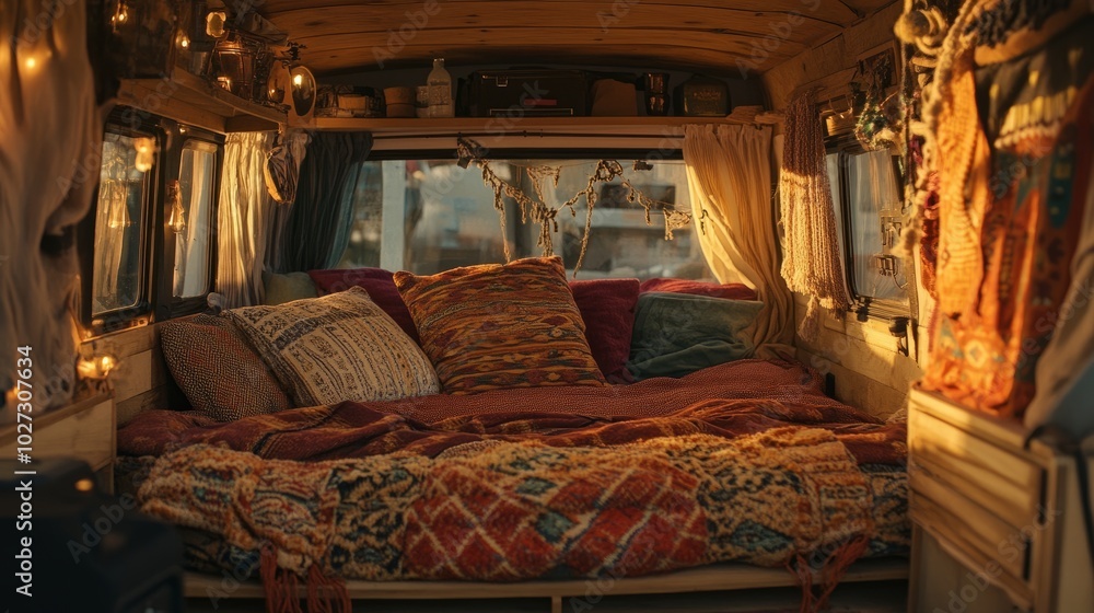 A cozy van corner with a comfortable bed, patterned pillows, and warm light streaming through open windows. A cozy van corner with a comfortable bed, patterned pillows, and warm light streaming through open windows.