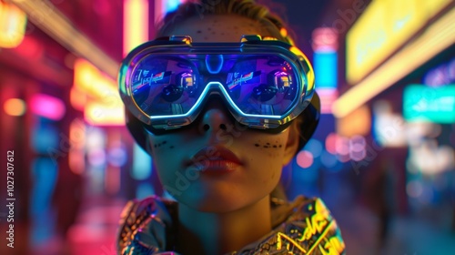 Beautiful girl with virtual reality glasses on the background of neon lights