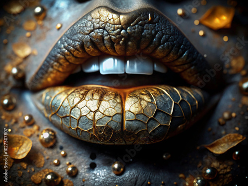 Cold weather skincare: Close-up of lips with golden and black scales creating an artistic visual effect against a dark gray background
