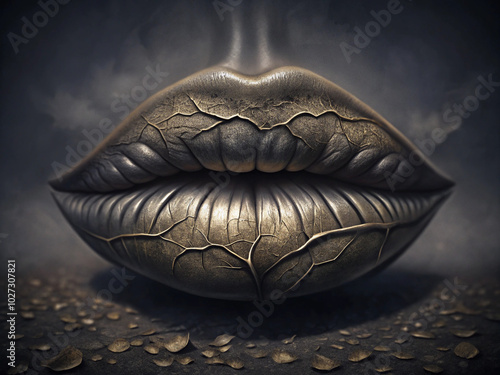 Cold weather skincare: Close-up of lips with golden and black scales creating an artistic visual effect against a dark gray background