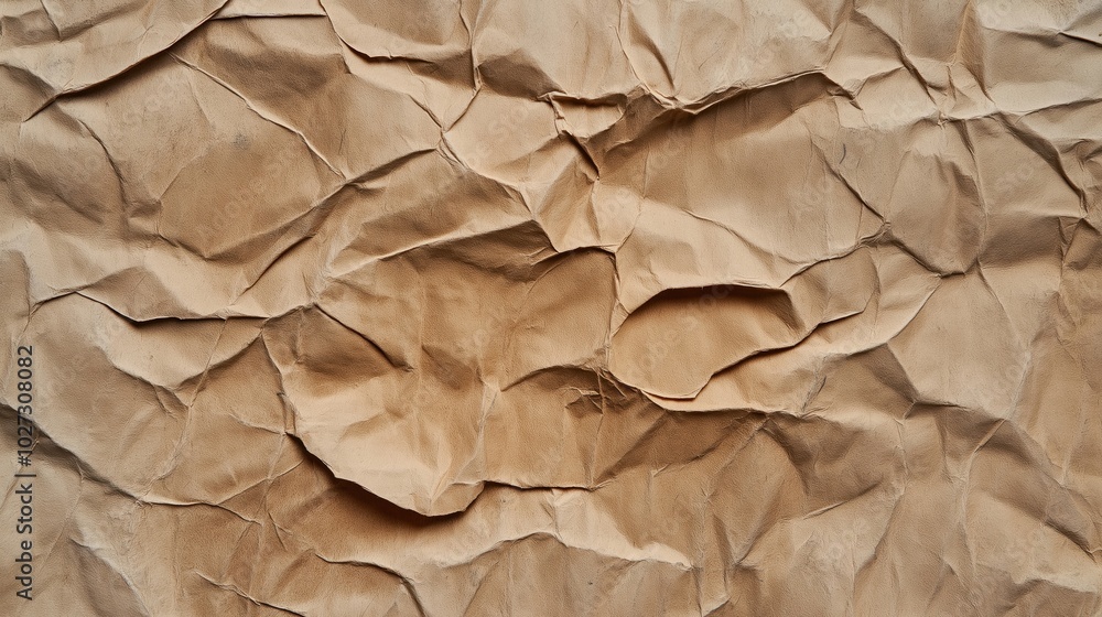 Close-up view of crumpled brown paper texture with prominent folds and creases creating an abstract pattern Close-up view of crumpled brown paper texture with prominent folds and creases creating an abstract pattern