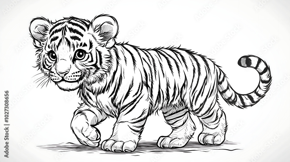 Obraz premium Black and White Tiger Cub Line Art Illustration